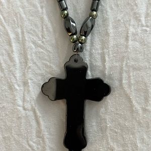 Black Mirrored Necklace with Cross - 19”